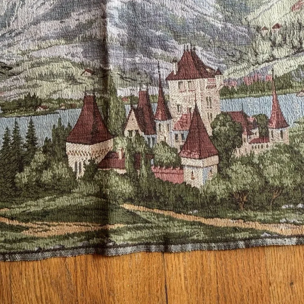 Vintage European Woven Tapestry Alpine Castle Mountain Lake Scenic Wall Art